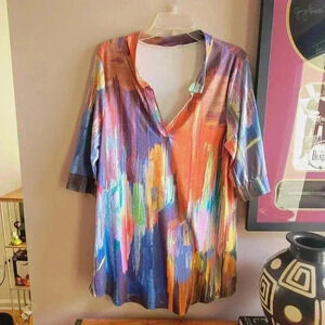 Azalea by firmiana Poly Blend 3/4 Sleeve Tunic Top Multi Color XL V Neck